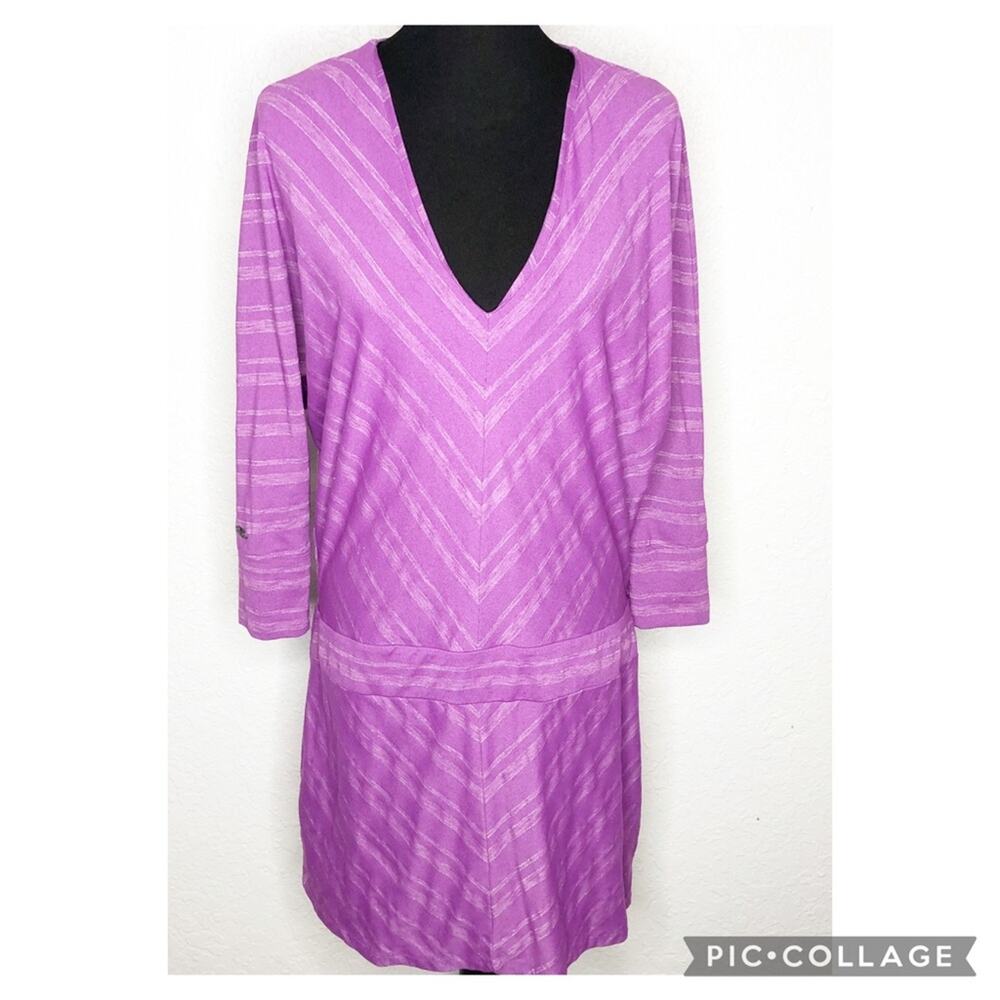Athleta purple silver chevron striped v neck drop waist dress size Large